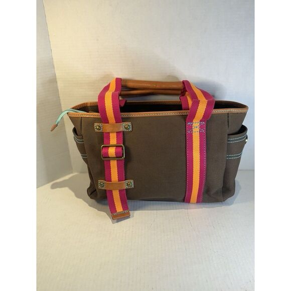 GAP 1969 Heavy Duty Brown Canvas Handbag Leather Trim Orange and Pink Stripes - Picture 5 of 16